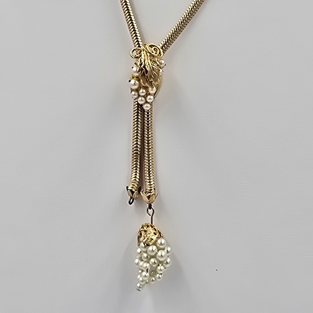 Vintage Hobe Gold Tone Snake Chain Faux Pearl Grape Lariat Necklace for Repair